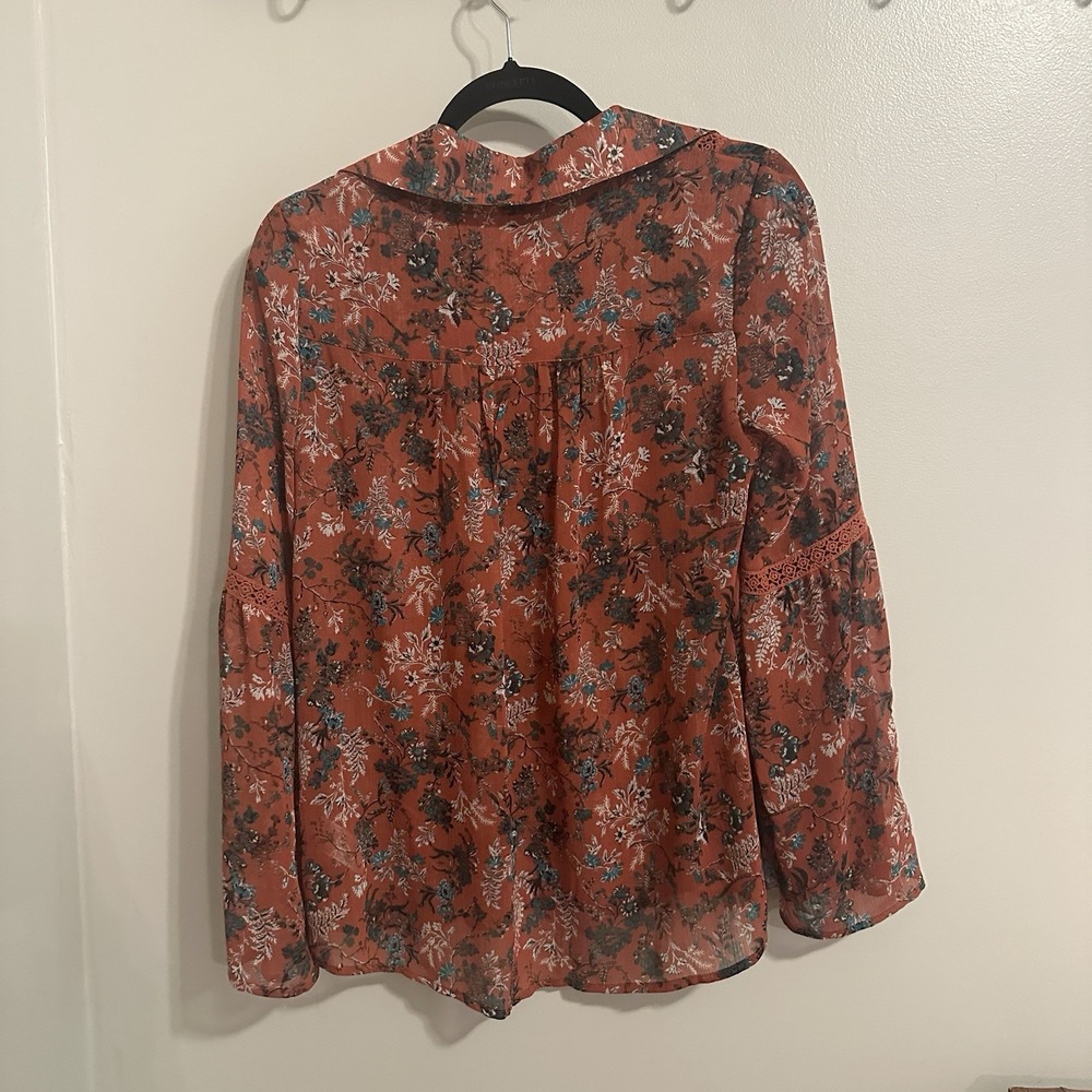 Knox Rose Women Floral Tasseled Sheer Bohemian Cottagecore Tunic Top XS Autumn - Picture 5 of 5
